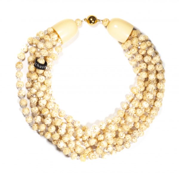Mehrreihiges Collier aus Beinperlen mit facettierten Glasperlen